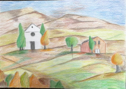 country scene in coloured pencil