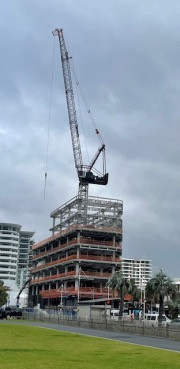 Crane On Top Of Bronze Building