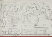 original drawing - asked for a caption and explain what the drawing is about - This drawing shows a small town or neighborhood with houses, fences, and buildings packed closely together. In the front, there looks to be a row of shops or garages along the street. In the middle, there’s a little house, a lamp post, and a road or driveway. The scene feels calm and simple, like a peaceful day in a town.
