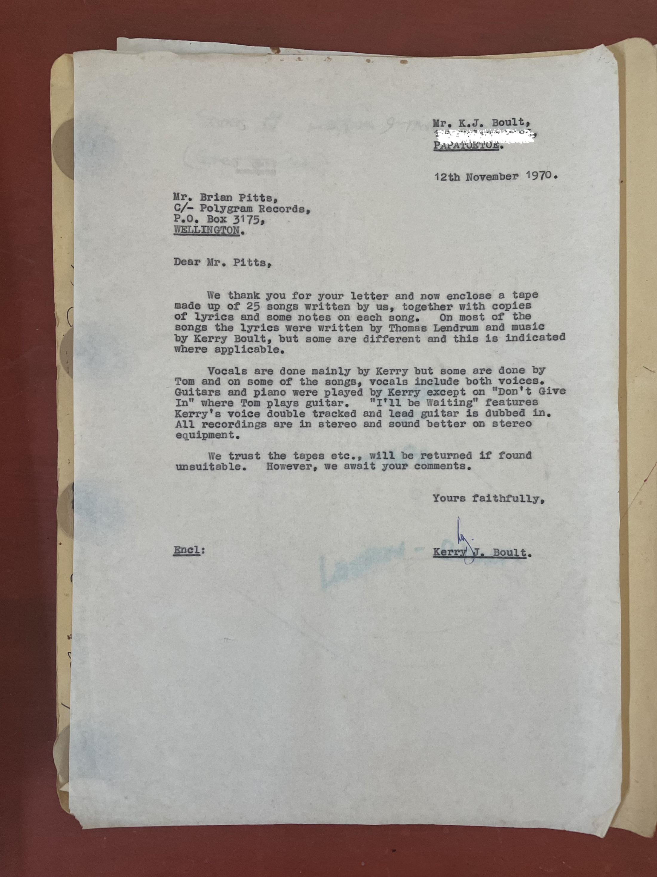 correspondence from Polygram Records: Nov. 1970