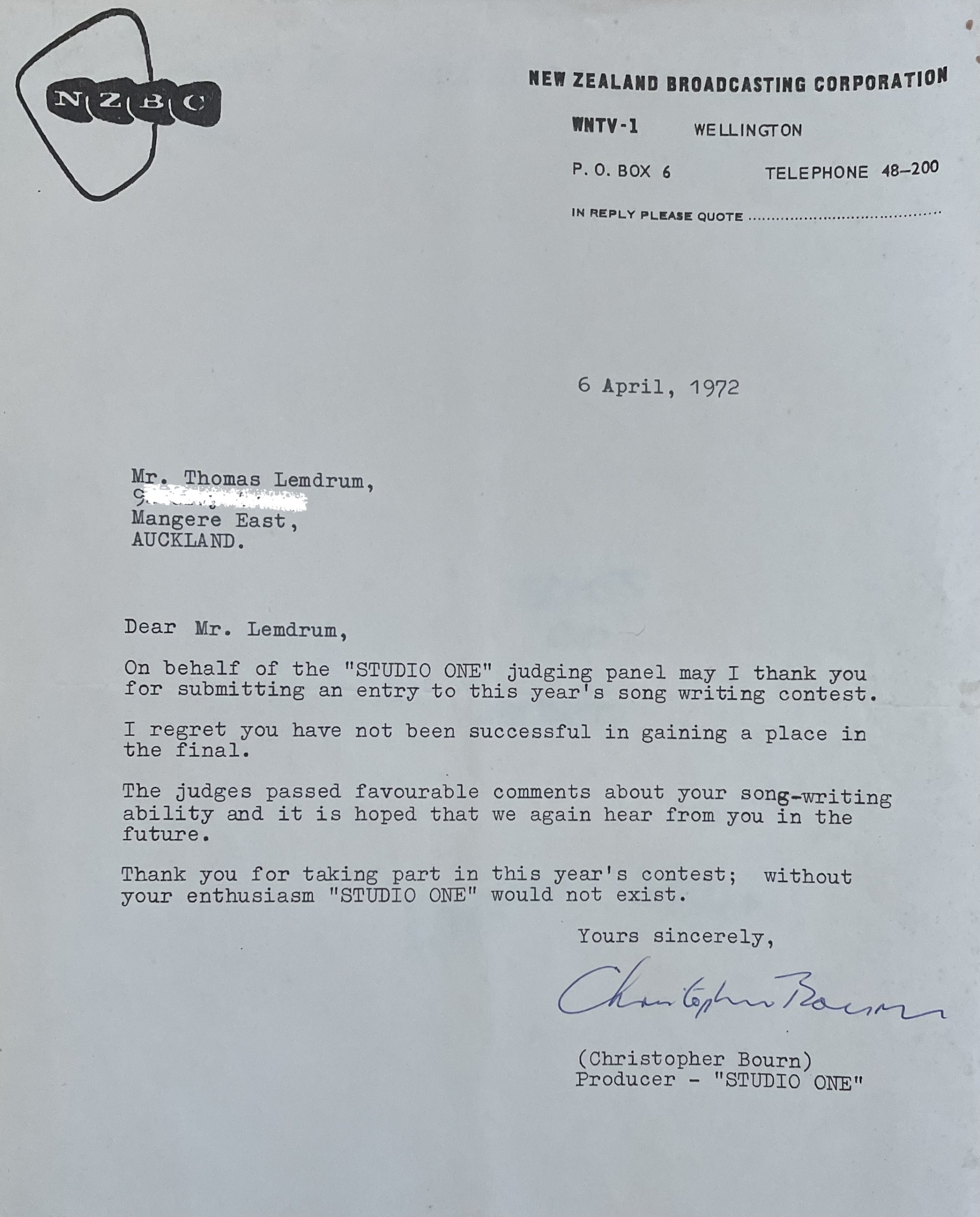 correspondence from NZBC: April 1972