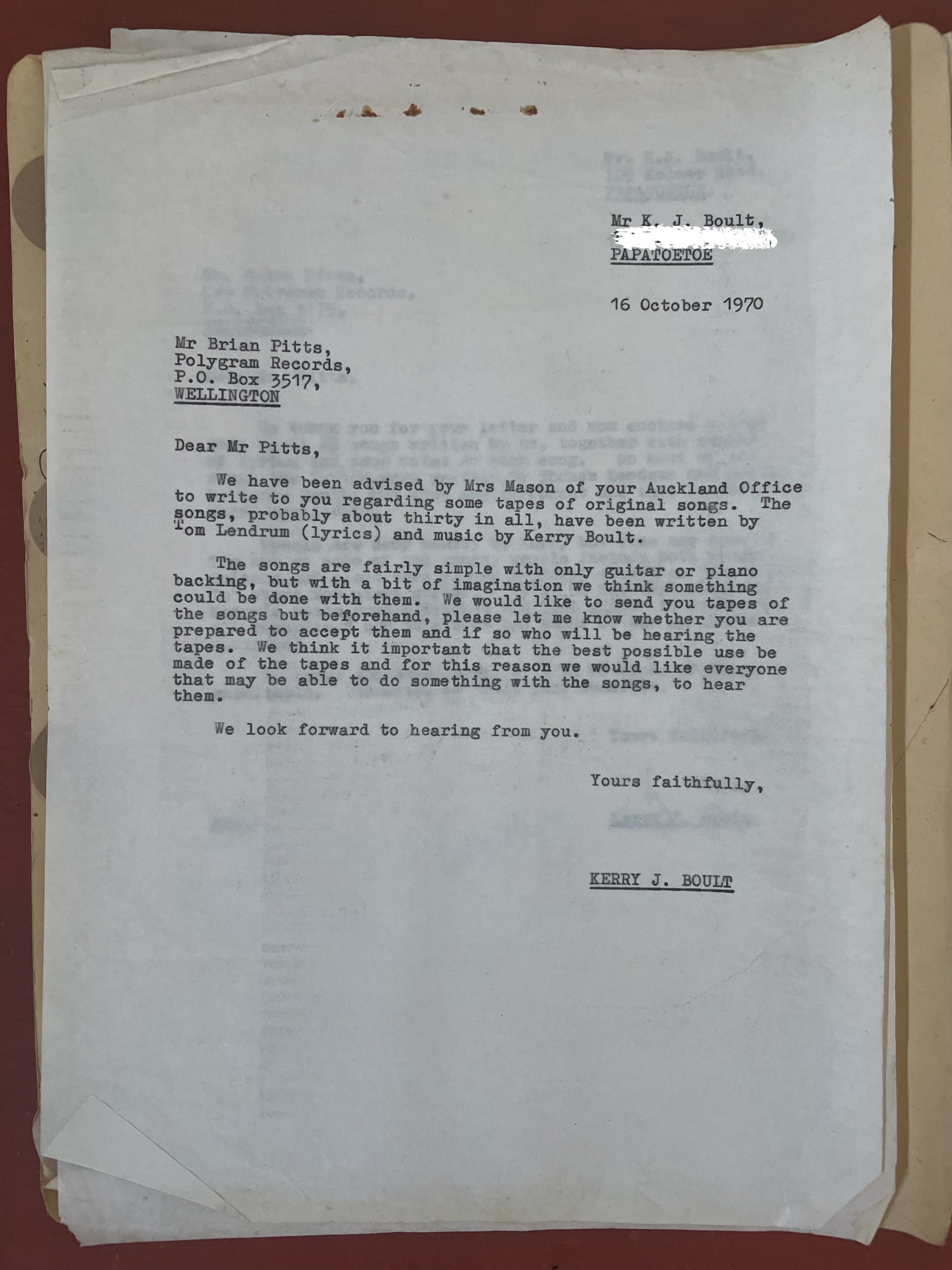 correspondence from Polygram Records: Oct 1970