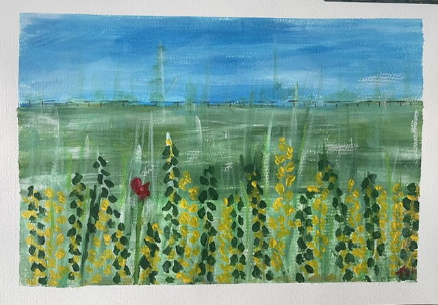 red flower in a corn field