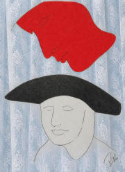 red head, black hat, blue back ground