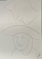 It shows two sketched human profiles: a large face at the top looking downward, and a person below wearing a wide-brimmed hat. The drawing feels like a quiet, observational portrait, with the upper figure seeming to look at the lower one.