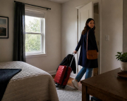 The woman is taking the red suitcase with her as she leaves through the open door.