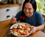 weet-bix strawberries banana with milk and bird