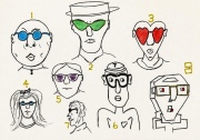 Mi Ai Enhanced - It appears to be a sheet of whimsical character-design sketches: several stylized faces wearing unusual glasses or eyewear, each marked with a number. The characters have different looks and expressions—perhaps a set of ideas for cartoon or comic characters.